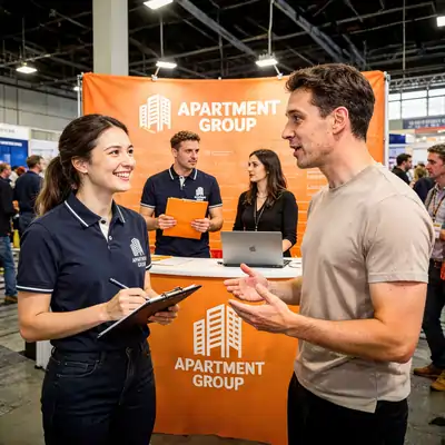 Staff at an "APARTMENT GROUP" promotional booth engaging with a visitor at a busy indoor trade show or convention