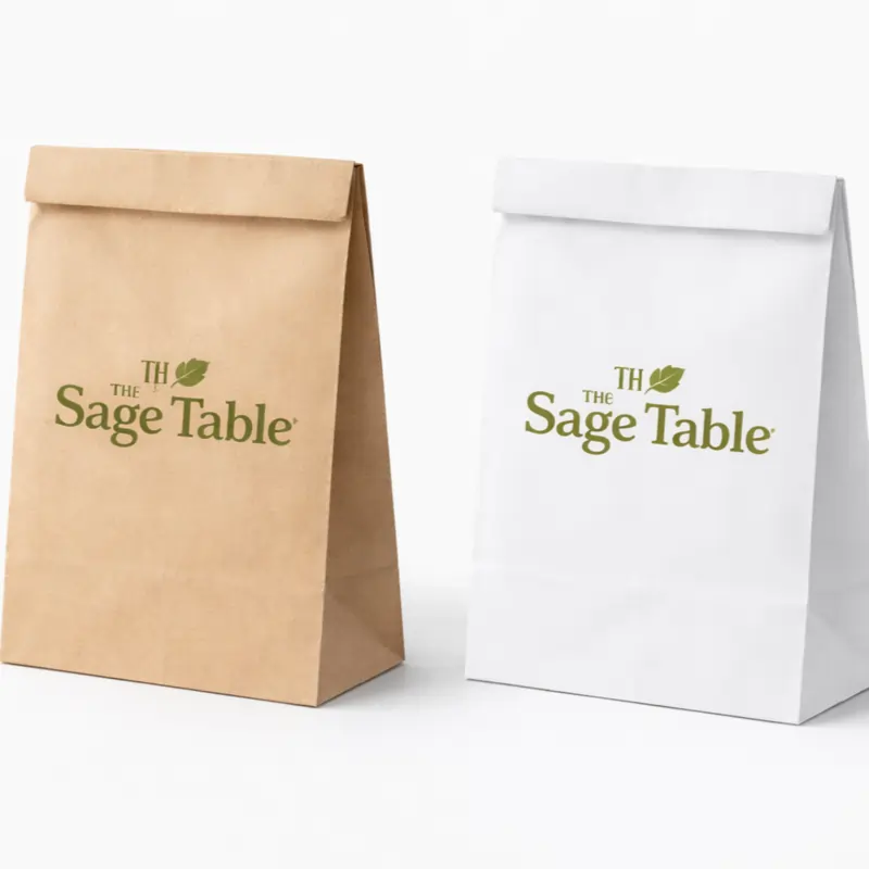 Restaurant marketing materials showing custom printed takeaway paper bags for food packaging