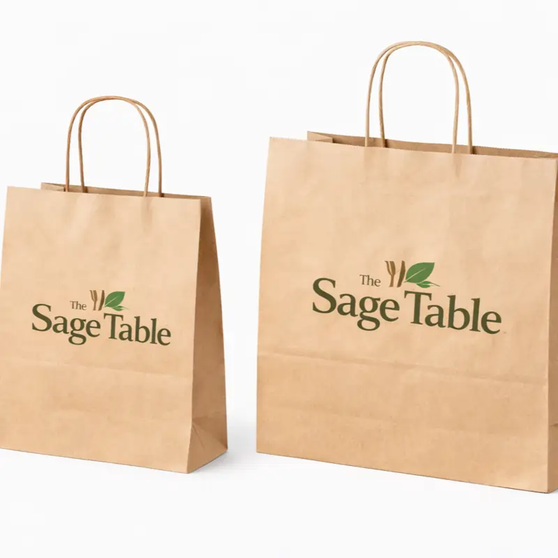 Restaurant marketing materials featuring custom branded paper carry bags for food takeaway