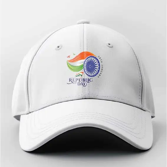 White cap featuring a tricolor logo, great for outdoor Republic Day celebration ideas and patriotic merchandise.