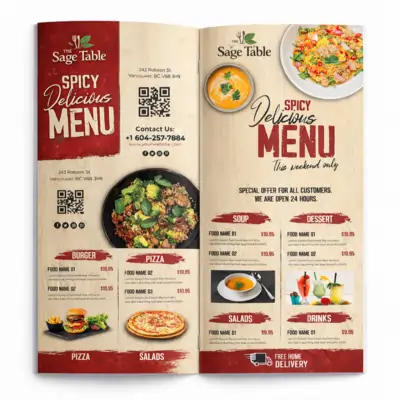 Restaurant marketing materials with printed food menu brochure and promotional design layout