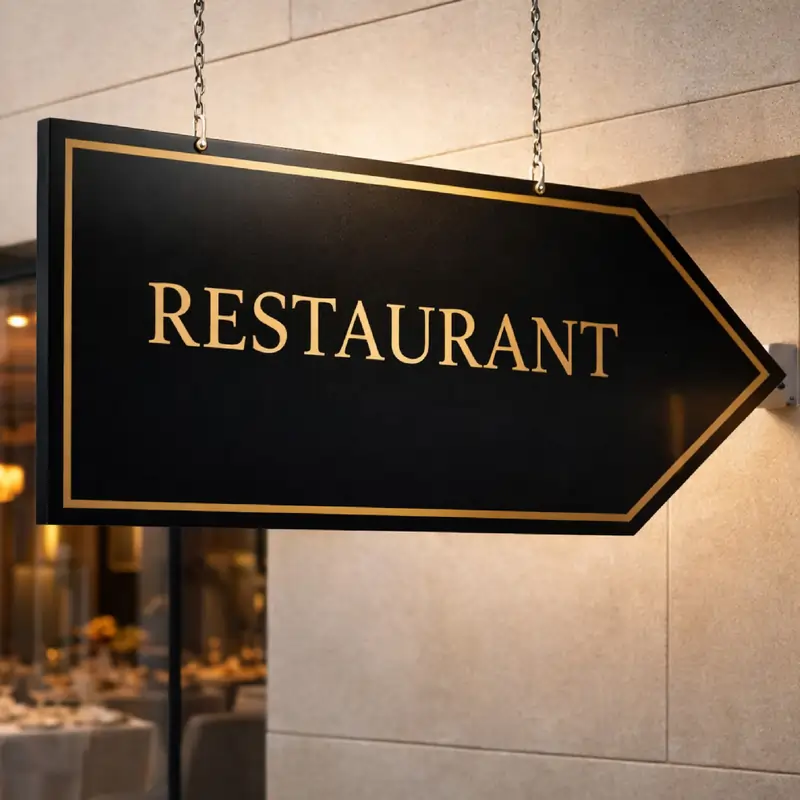 Restaurant marketing materials with premium hanging restaurant direction signboard