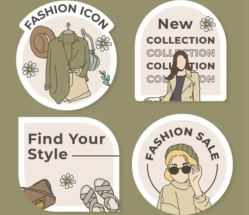Four illustrated fashion-themed stickers in earthy tones featuring apparel, accessories, and women icons with phrases like "Fashion Icon.