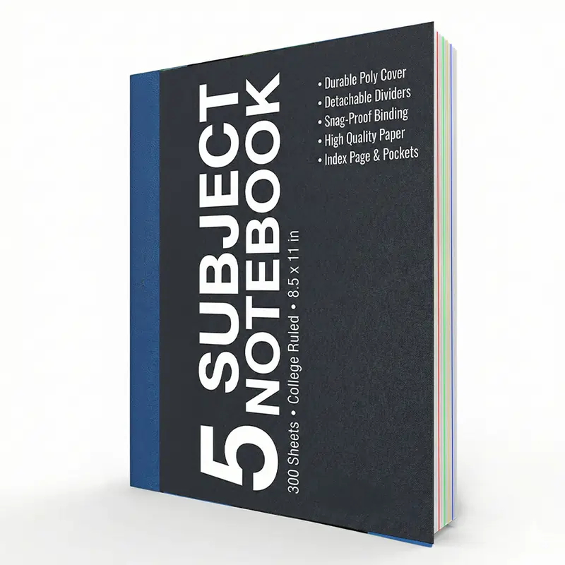 5 Subject Notebook with black poly cover, college ruled, 300 sheets, and visible colored dividers.