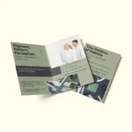 Sage green A4 bi-fold brochure titled "Pigment, Pattern, Perception" featuring a minimalist design and color theory text