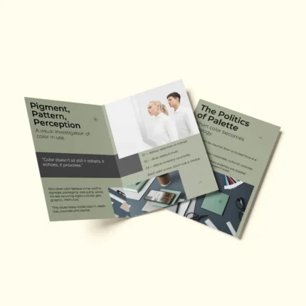 Sage green A4 bi-fold brochure titled "Pigment, Pattern, Perception" featuring a minimalist design and color theory text