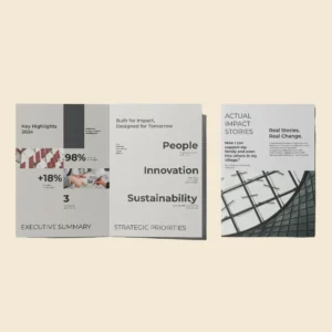 Professional A5 bi-fold brochure for "Key Highlights 2024" featuring clean typography, data points, and "Actual Impact Stories.