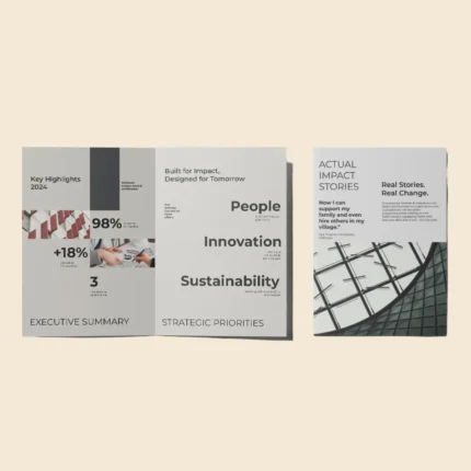 Professional A5 bi-fold brochure for "Key Highlights 2024" featuring clean typography, data points, and "Actual Impact Stories.