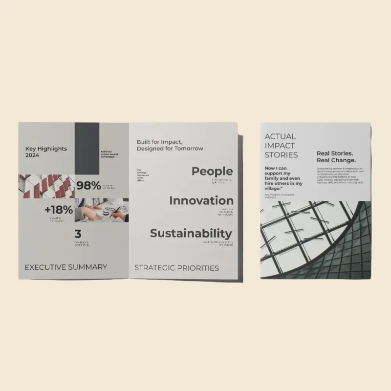 Professional A5 bi-fold brochure for "Key Highlights 2024" featuring clean typography, data points, and "Actual Impact Stories.