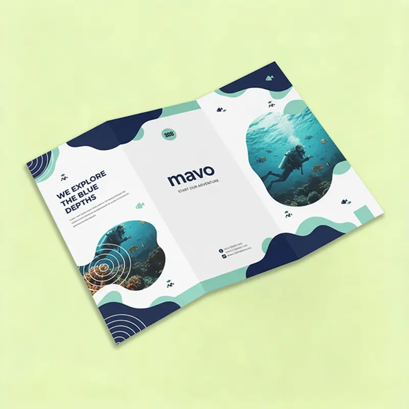An open trifold brochure for "mavo" featuring the slogan "We Explore the Blue Depths" with aquatic imagery and wavy graphic elements. This is a common