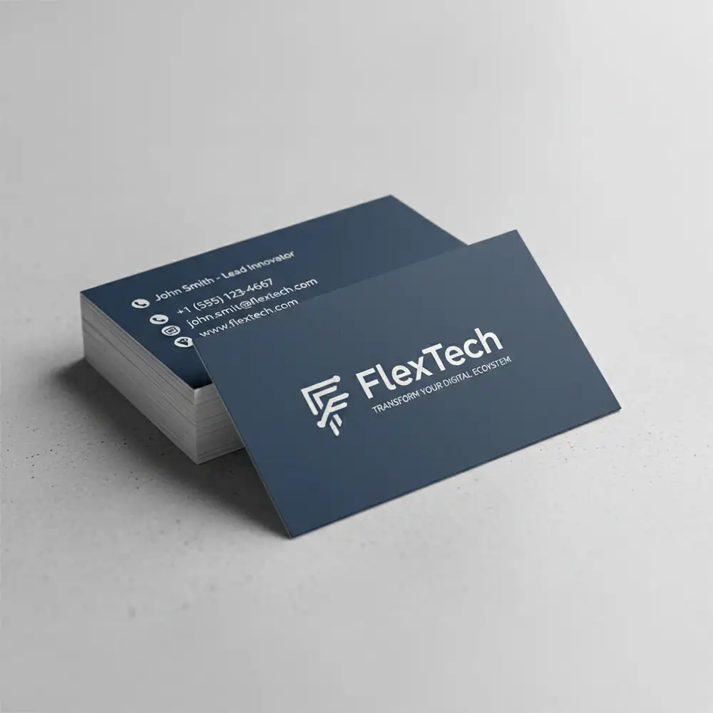 A stack of dark blue business cards for "John Smith - Lead Innovator" featuring the FlexTech logo and contact details, including a phone number and website.