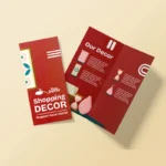 Vibrant red DL bi-fold brochure for "Shopping Decor" featuring white text, abstract geometric shapes, and home decor icons.