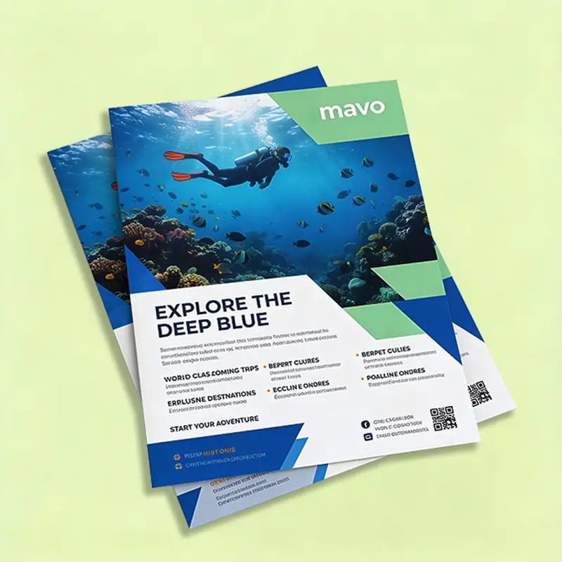 A promotional flyer titled "Explore the Deep Blue" featuring a high-resolution photo of a scuba diver over a coral reef with service details listed below.