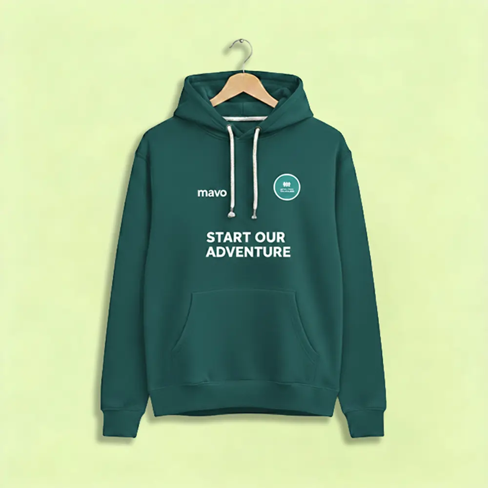 A dark forest green hoodie featuring the "mavo" logo on the chest and the slogan "Start Our Adventure" in white text. Custom apparel like this is often handled by commercial printing services.