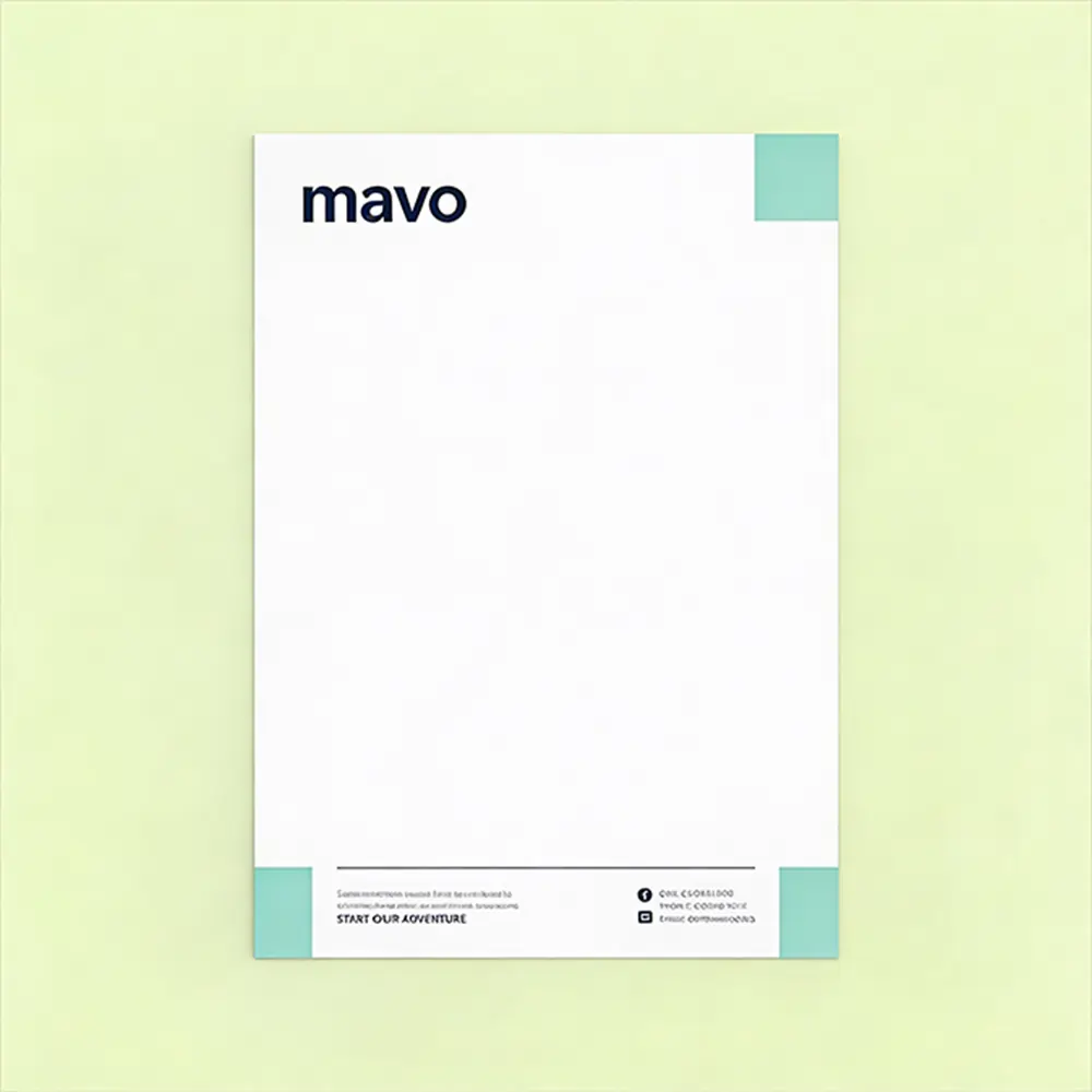 A minimalist corporate letterhead for "mavo" with a clean white body, the logo in the top left, and teal accents in the corners.