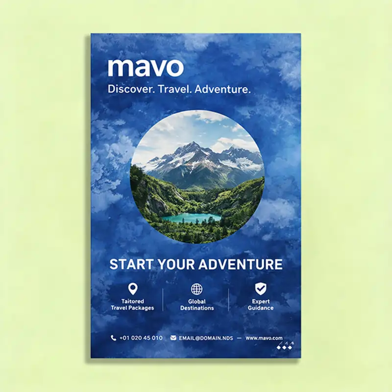 A vertical poster with a central circular image of a mountain lake surrounded by a deep blue, cloud-like texture. A great example of large-format work by commercial printing services.