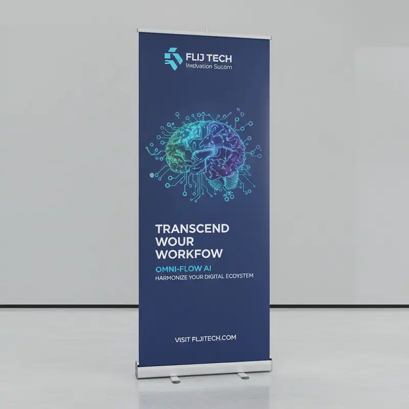 A tall, retractable floor banner with a dark blue background, a digital brain graphic, and the slogan "TRANSCEND YOUR WORKFLOW: OMNI-FLOW AI."