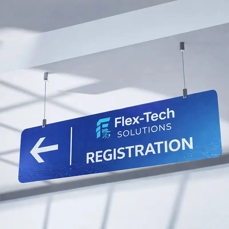 A blue rectangular hanging directional sign with the Flex-Tech Solutions logo, a white arrow pointing left, and the word "REGISTRATION" in bold white letters.