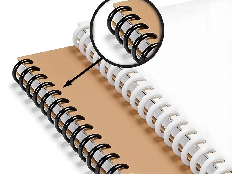 Close-up of continuous plastic spiral binding on tan and white notebooks, showing the flexible, coiled design.