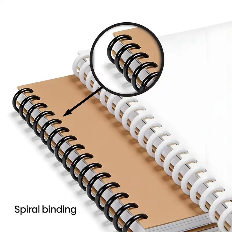 Close-up of continuous plastic spiral binding on tan and white notebooks, showing the flexible, coiled design.