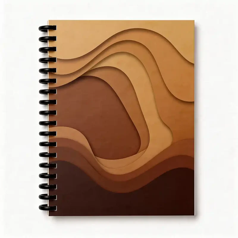Top-down view of a spiral notebook featuring a brown and tan layered, wavy paper-cut design on the front cover