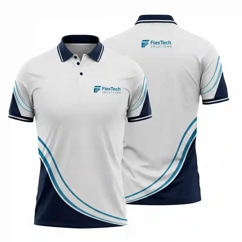Custom polo shirts for an event and exhibition solution, featuring the FlexTech Solutions logo and navy swoosh accents.