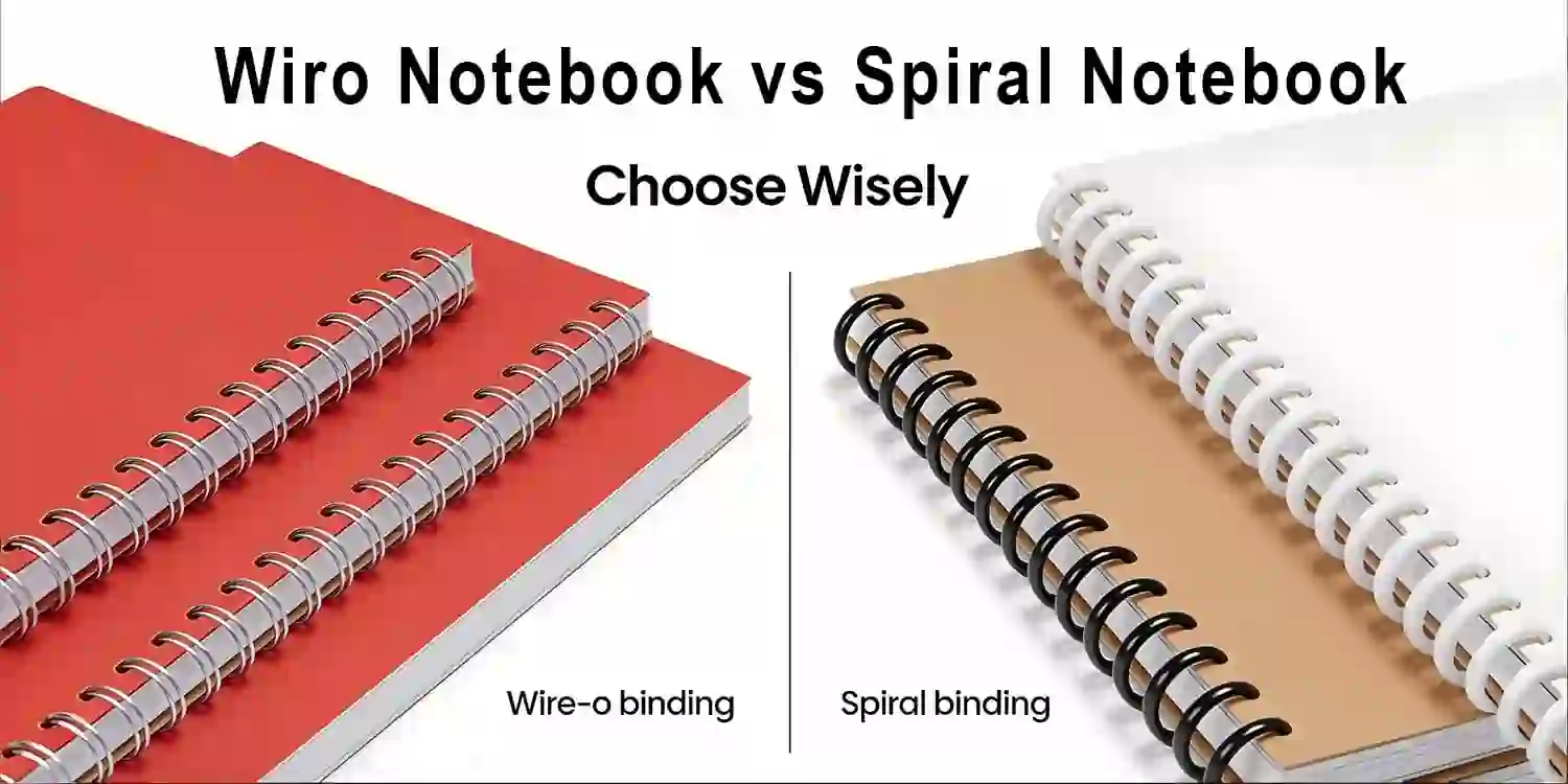 Comparison of red Wire-o notebooks and tan/white spiral notebooks with the title "Wiro Notebook vs Spiral Notebook.