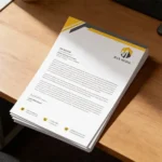 A stack of professional "Max Media" letterheads on a wooden desk, featuring a yellow and gray modern header design.