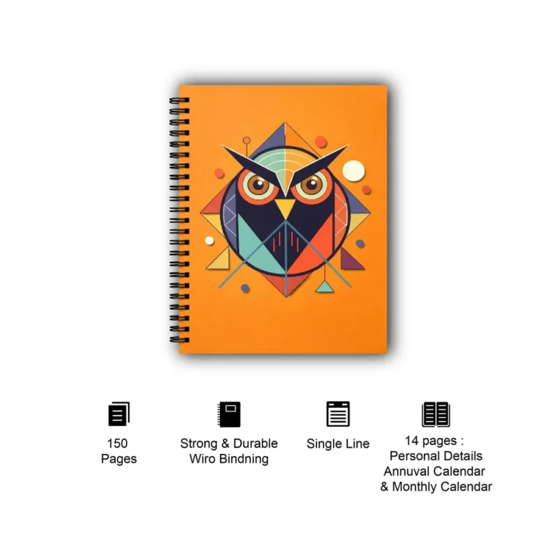 Orange softcover wiro diary with a geometric owl design. Icons below list 150 pages, wiro binding, and calendar features.
