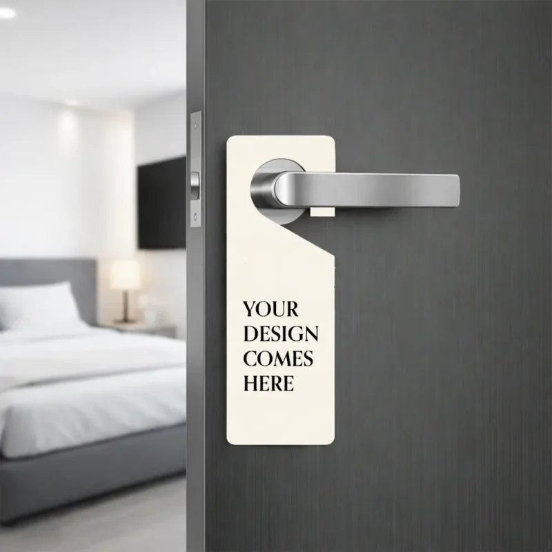 Customizable cream-colored door hanger mockup with text "Your Design Comes Here" on a door.