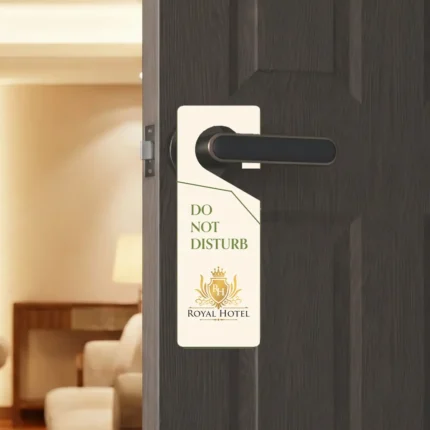 Royal Hotel "Do Not Disturb" sign hanging on a dark wood door for premium Door Hangers Printing in India.