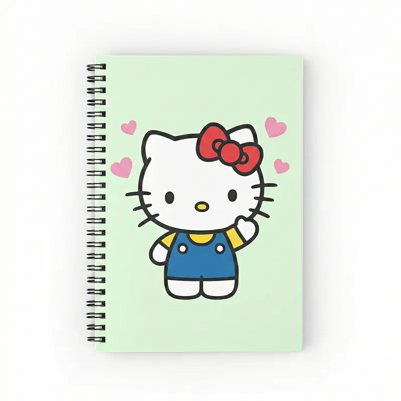 A light green spiral cute notebook featuring a Hello Kitty illustration surrounded by small pink hearts.