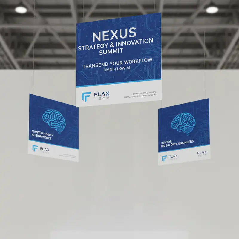hree square hanging danglers suspended from a ceiling for the "NEXUS STRATEGY & INNOVATION SUMMIT." These Event and Exhibition Solutions signs feature blue circuit board graphics and digital brain illustrations.