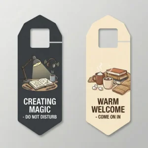 Creative "Creating Magic" and "Warm Welcome" door hangers for focused work or guests.