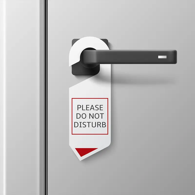 Professional white and red "Please Do Not Disturb" hanger on a modern black door handle