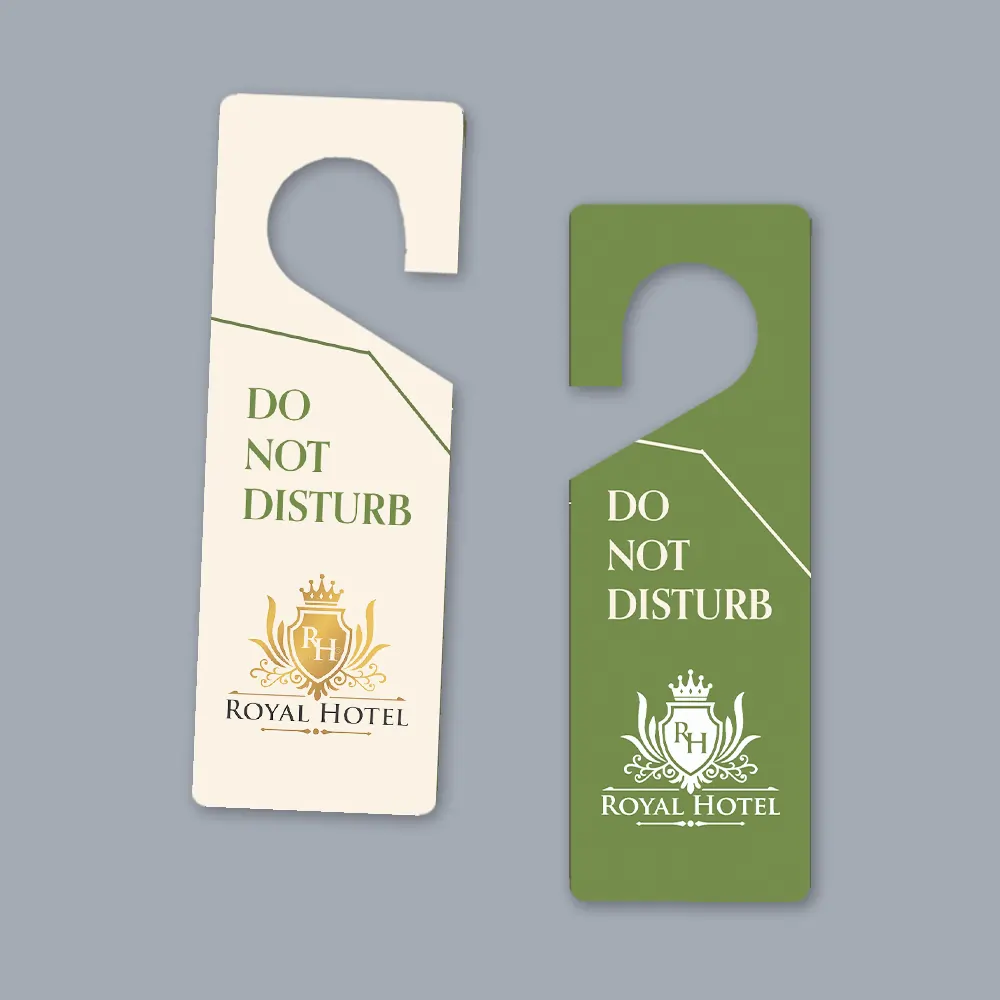 Elegant cream and green Royal Hotel door hangers, a standard for Door Hangers Printing in India.