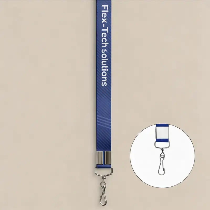 A close-up view of a blue fabric lanyard with "Flex-Tech Solutions" printed in white. This Event and Exhibition Solutions accessory includes a metal swivel hook and a circular inset showing a detail of the attachment hardware.