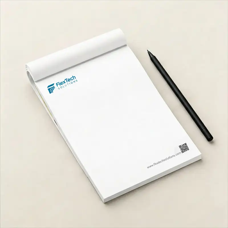 Top-bound notepad with the "FlexTech Solutions" logo and a black pen on a neutral surface.