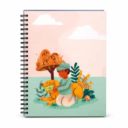 A Personal Softcover Wiro Diary featuring a whimsical illustration of a person kneeling next to a golden dog with a ball in its mouth under an orange tree.