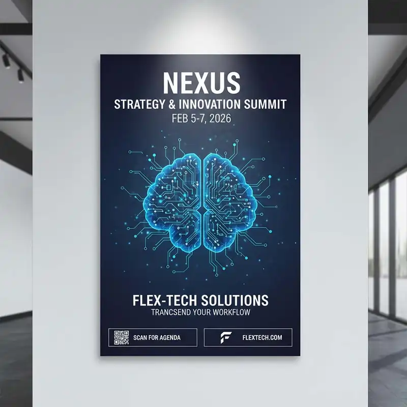 A vertical wall-mounted poster for the "NEXUS STRATEGY & INNOVATION SUMMIT" dated Feb 5-7, 2026. This Event and Exhibition Solutions poster displays a glowing blue digital brain with circuit lines on a dark background.