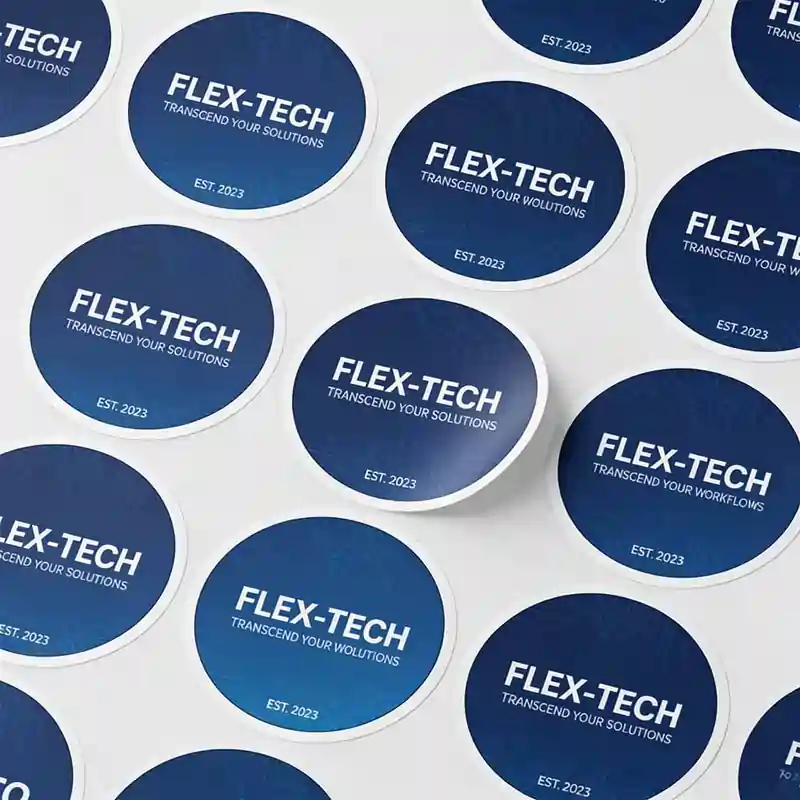 A collection of circular blue stickers featuring the "FLEX-TECH" logo and the tagline "TRANSCEND YOUR SOLUTIONS," with "EST. 2023" printed at the bottom.