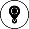 Black location pin icon with a circular center, enclosed in a thin black circle.