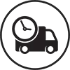 Black delivery truck icon with a clock symbol on its side, inside a thin black circle.
