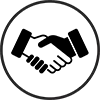 Black and white handshake icon representing a deal, enclosed in a thin black circle.