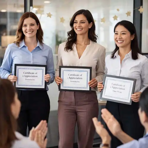 Three women hold awards as part of womens day celebration ideas to recognize top-performing employees.