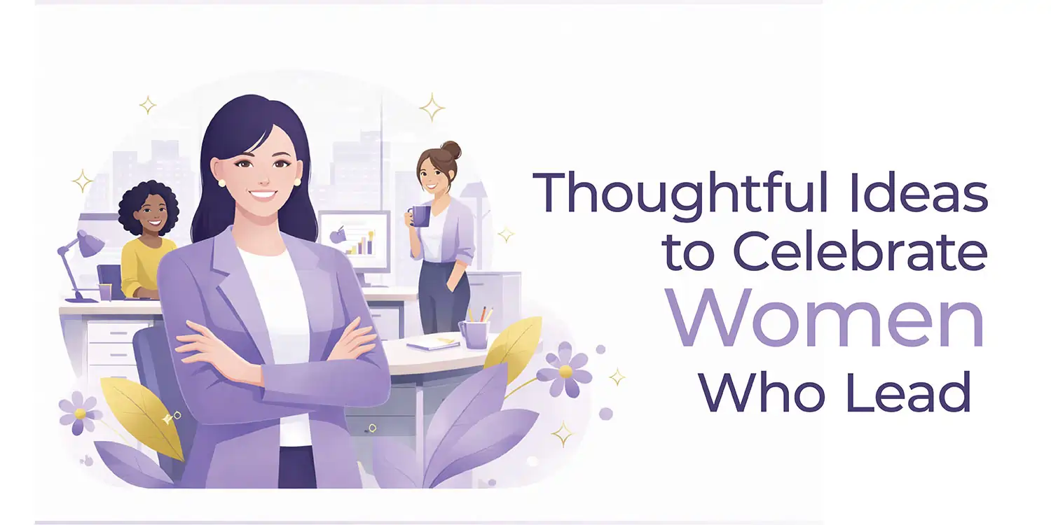 Illustration of three women in an office with the text "Thoughtful Ideas to Celebrate Women Who Lead" in purple.