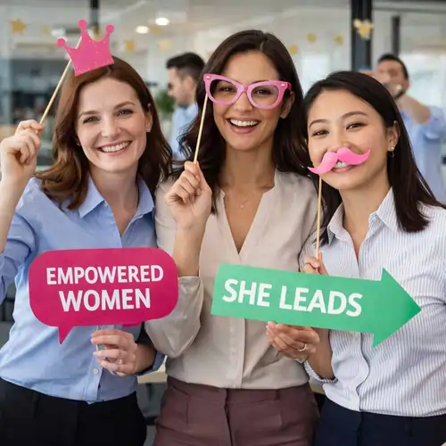 Three women pose with fun photo booth props including a crown and signs reading "Empowered Women" and "She Leads."