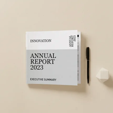 Professional 6 x 6 Booklet annual report layout with sleek gray and white cover.