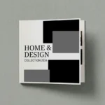 Front cover of an 8 x 8 in booklet titled Home & Design 2024, featuring a geometric layout with black and grey blocks.