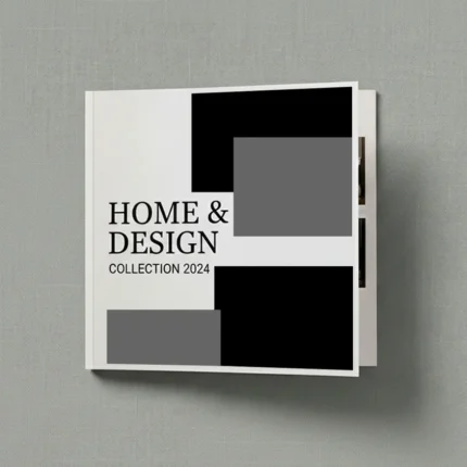 Front cover of an 8 x 8 in booklet titled Home & Design 2024, featuring a geometric layout with black and grey blocks.